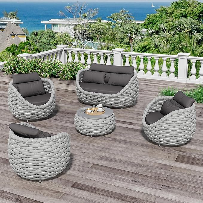 Fully Assembled Patio Furniture Set: 5-Piece Woven Rope Outdoor Conversation Set Cushioned - Modern Metal Deck Loveseat Chair Table Set - Porch Seating for Courtyard Garden Poolside Hotel Resort