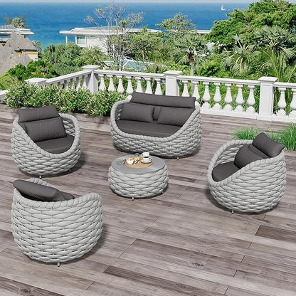 Fully Assembled Patio Furniture Set: 5-Piece Woven Rope Outdoor Conversation Set Cushioned - Modern Metal Deck Loveseat Chair Table Set - Porch Seating for Courtyard Garden Poolside Hotel Resort
