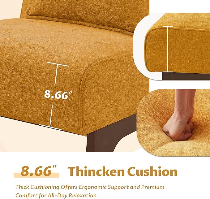 Set of 2 Upholstered Armless Accent Chair,Modern Comfy Living Room Chairs with Wooden Legs& Pillows,Lounge Sofa Side Chair for Bedroom Farmhouse Reading (Yellow, 2 PCS)