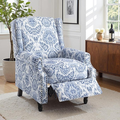 Pushback Recliner Chair Set of 2, Floral Fabric Wingback Recliner Chair, Upholstered Armchair Push Back Recliner, Rivet Trim Single Sofa Accent Chair with Wood Legs for Living Room, Navy