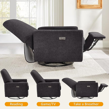 VANOMi Power Swivel Glider Recliner Chair, Electric Nursery Rocker Recliner Chair, USB & Type-C Charger, Charcoal Gray Boucle