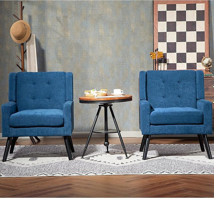 Mid-Century Modern Accent Chair Set of 2, Plush Linen Fabric with Button Tufted High Back & 5" Thick Cushion, High Comfort Reading Chair for Living Room, Bedroom, Office (Blue)