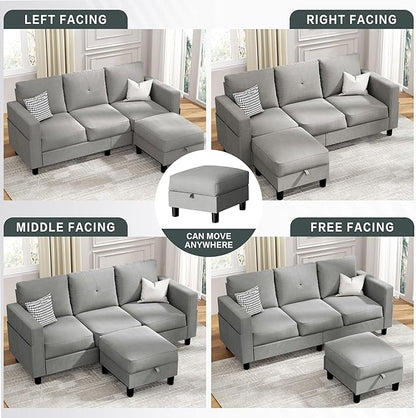 JY QAQA Convertible Sectional Sofa with 3-Seater Sofa, L-Shaped Ottoman Couch with Modern Linen for Apartment, Small Living Room and Small Space (Light Grey)