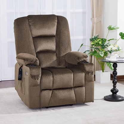 MCombo Large Power Lift Recliner Chair Sofa with Massage and Heat for Big and Tall Elderly People, 3 Positions, Cup Holders, and USB Ports, Fabric 7549 (Large, Brown)