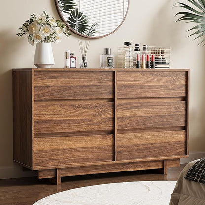 Walnut Dresser for Bedroom, 47" Wide 6 Drawer Dresser, Mid Century Modern Dressers Chest of Drawers, Wooden Large Dressers for Bedroom, Closet
