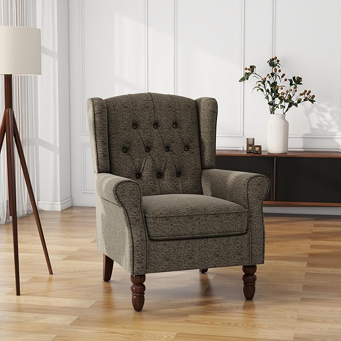 UIXE High Back Accent Chairs Set of 2, Fabric Upholstered Armchair Wingback Arm Club Chair for Living Room, Comfy Single Sofa Bedroom Reading Seat with Solid Wood Legs - Taupe