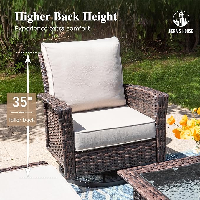 HERA'S HOUSE 3 Pieces Patio Bistro Set, High Back Swivel Wicker Chairs with Rattan Side Table, Outdoor Chairs Set with 5.5" Thick Cushions, Patio Furniture for Bistro Deck Porch Pool, Brown/Beige