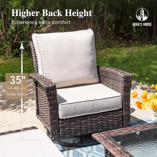 HERA'S HOUSE Outdoor Furniture, 2 x High Back Swivel Patio Chairs with 5.5" Cushions Wicker Rattan Deck Balcony Porch Furniture, Beige