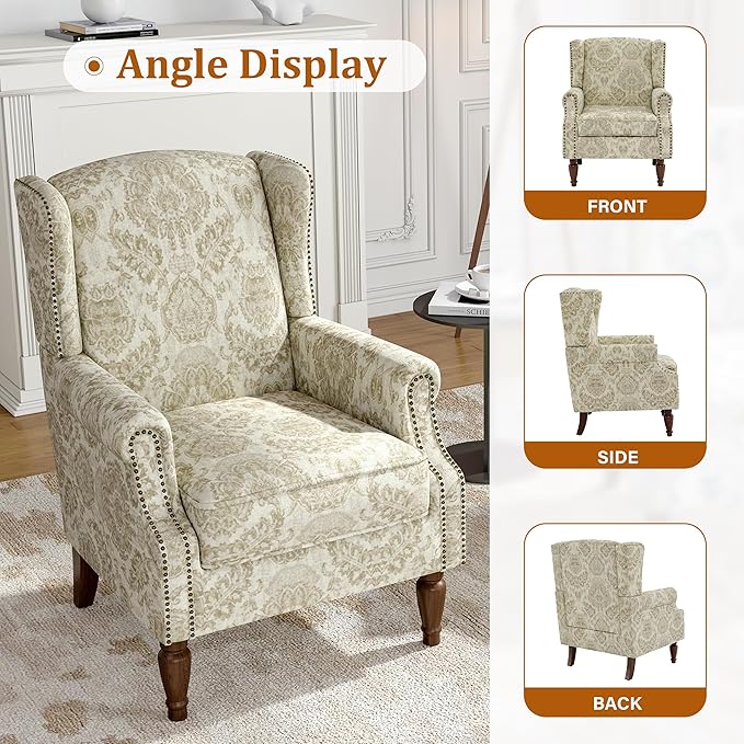 Wingback Accent Chairs Set of 2, High Back Upholstered Armchair, Printed Fabric Wingback Arms Chairs with Wood Legs, Single Sofa Reading Chair for Bedroom Living Room, White