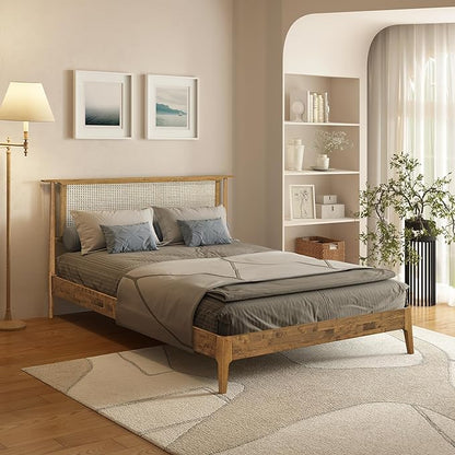 NTC Ruby Wooden Bed Frame with Headboard and Natural Rattan, Solid Oak/Rubber Wood Foundation with Silent Slats, 1000 Lb Capacity, Effortless Assembly Queen - Teak Look