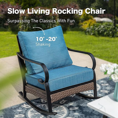 5 Piece Metal Outdoor Patio Furniture Set, Patio Conversation Sets 3-Seater Sofa, 2-Seater Sofa, 2 Rocking Chair with 5.75" Thick Cushion & Coffee Table Backyard Furniture, Blue-2