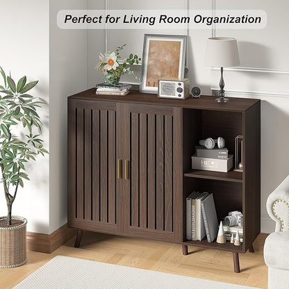 Sideboard Storage Cabinet, 47.2" W Farmhouse Buffet Cabinet with Louvered Doors & Adjustable Shelf, Wood Coffee Bar Storage Station for Kitchen, Dining Room, Living Room, Entryway, Walnut Color