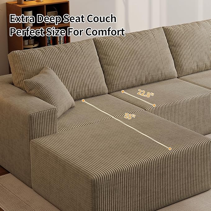 139" Boneless Cloud Sectional Couch for Living Room, Compressed Modular L-Shaped Sofa with Deep Seat, Frameless Corduroy Couch in Boxes, No Assembly Required 4-Seater (Left-Facing Chaise, Grey)