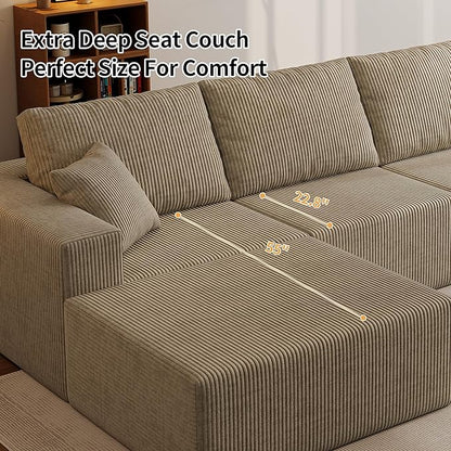110" Boneless Cloud Sectional Couch for Living Room, Compressed Modular L-Shaped Sofa with Deep Seat, Frameless Corduroy Couch in Boxes, No Assembly Required 3-Seater (Left-Facing Chaise, Grey)