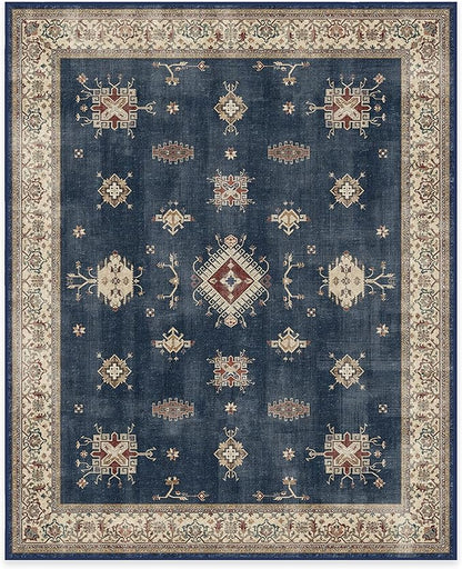 RUGGABLE Washable Vintage Area Rug – Verena Sapphire 8x10, Stain-Resistant, Non-Slip – Large Machine Washable Rugs for Living Room, Bedroom, Hallway, Entryway & Office–with Cushioned Pad