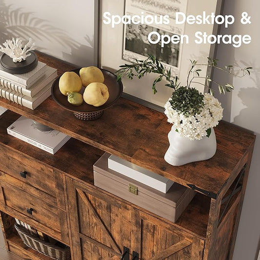 Fameill Farmhouse Storage Cabinet with Drawers and Open Storage,Freestanding Kitchen Pantry with 2 Barn Doors, Floor Cabinet with Adjustable Shelf for Living Room,Brown