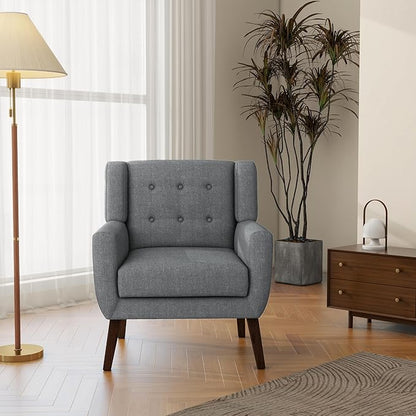 Accent Chair, Mid-Century Modern Fabric Chairs with Arms for Living Room, Comfy Upholstered Club Single Sofa Armchair for Bedroom Waiting Room with Solid Wood Frame (Fabric Grey, Set of 1)