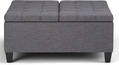 SIMPLIHOME Harrison Coffee Table Storage Ottoman - 36 inch Wide Upholstered Linen Look Fabric Square Lift-Top Ottoman in Slate Grey, Transitional Ottoman for Living Room with Hidden Storage