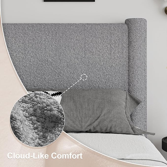 Queen Size Bed Frame, Boucle Upholstered Platform Bed with Headboard and Footboard, Soft Rounded Corners, No Box Spring Required, Easy Assembly, Light Grey