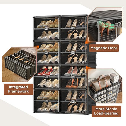 Black Shoe Rack Organizer Cabinet for Closet Entryway,Clear Shoe Storage Boxes Stackable Sneaker Storage with Door Easy Assembly Shoe Cabinet with Lids Large 8 Tiers 32 Pairs