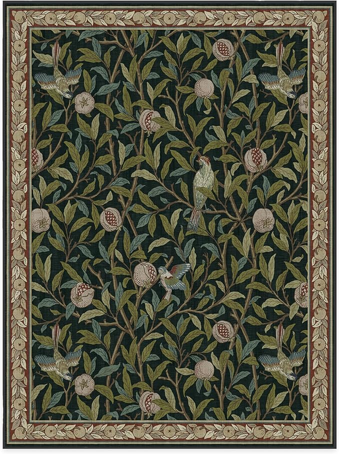 RUGGABLE x Morris & Co Washable Area Rug – Pomegranate Blue Green 9x12, Stain-Resistant, Non-Slip – Large Machine Washable Rugs for Living Room, Bedroom, Hallway, Entryway & Office–with Cushioned Pad