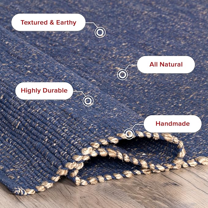 nuLOOM 4x6 Elfriede Jute & Cotton Hand Woven Area Rug, Blue, Solid Rustic Farmhouse Style, Weaved Design, Natural Fiber, For Bedroom, Living Room, Dining Room, Hallway, Office, Entryway
