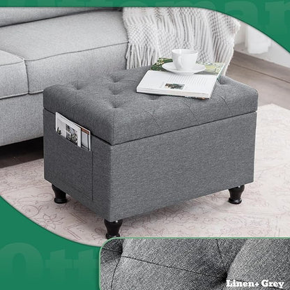 Ottoman with Storage 24'' Storage Ottomans Linen Fabric Ottoman Footstools Small Upholstered Foot Rest Stool for Couch, Living Room, Bedroom, Entrance Shoe Bench Light Grey