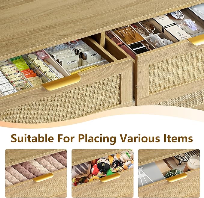 9 Drawer Dressers for Bedroom, Rattan Dresser with Drawers, Modern Wood Dresser with Metal Handles, Chest of Drawers for Bedroom, Living Room, Entryway (9 Drawer)