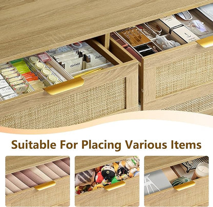 9 Drawer Dressers for Bedroom, Rattan Dresser with Drawers, Modern Wood Dresser with Metal Handles, Chest of Drawers for Bedroom, Living Room, Entryway (9 Drawer)