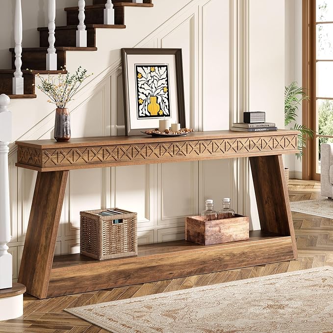Tribesigns Farmhouse Console Table, 70.9-Inch Extra Long Entryway Table with Storage, 2-Tier Narrow Sofa Table Behind Couch, Wooden Accent Table for Living Room, Hallway, Foyer, Rustic Brown