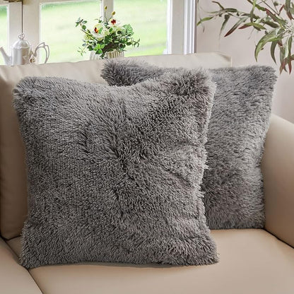 Cheer Collection Throw Pillows for Couch and Bed, Soft Shaggy Throw Pillows with Inserts Included, Cozy Long Hair Faux Fur Pillows - Set of 2-20" x 20" - Silver Gray