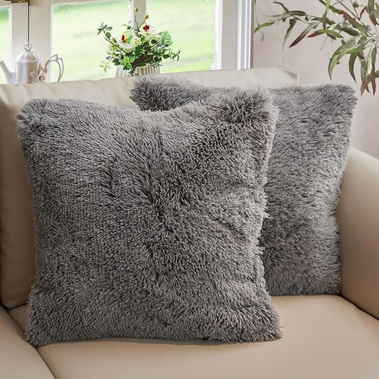Cheer Collection Throw Pillows for Couch and Bed, Soft Shaggy Throw Pillows with Inserts Included, Cozy Long Hair Faux Fur Pillows - Set of 2-20" x 20" - Silver Gray