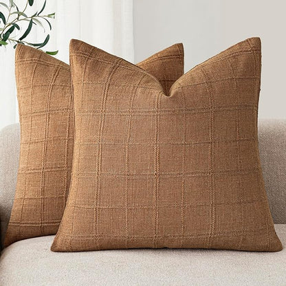 Foindtower Set of 2 Decorative Linen Check Throw Pillow Covers Neutral Farmhouse Vintage Cushion Covers Modern Boho Home Decor for Sofa Chair Couch Bedroom Living Room,18×18 Inch,Brick