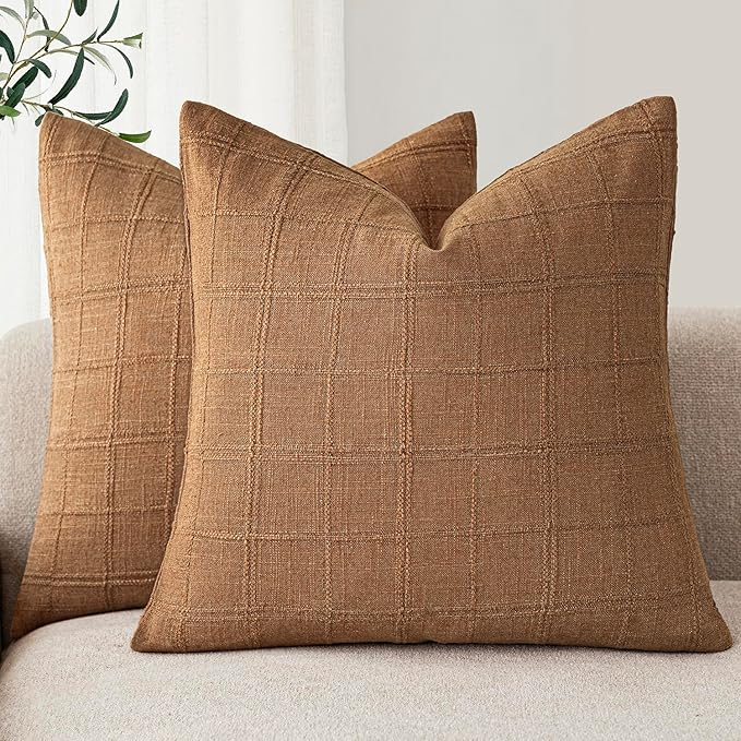 Foindtower Set of 2 Decorative Linen Check Throw Pillow Covers Neutral Farmhouse Vintage Cushion Covers Modern Boho Home Decor for Sofa Chair Couch Bedroom Living Room,24×24 Inch,Brick