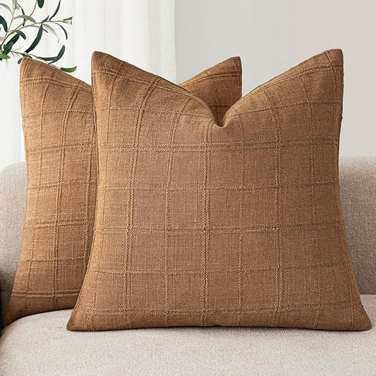 Foindtower Set of 2 Decorative Linen Check Throw Pillow Covers Neutral Farmhouse Vintage Cushion Covers Modern Boho Home Decor for Sofa Chair Couch Bedroom Living Room,16×16 Inch,Brick