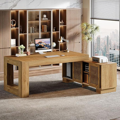 Tribesigns L Shaped Executive Desk with Storage Cabinets and 2-Tier Shelf, 63-Inch Simple Modern Business Furniture Large Computer Writing Table Workstation for Home Office, Dark Brown
