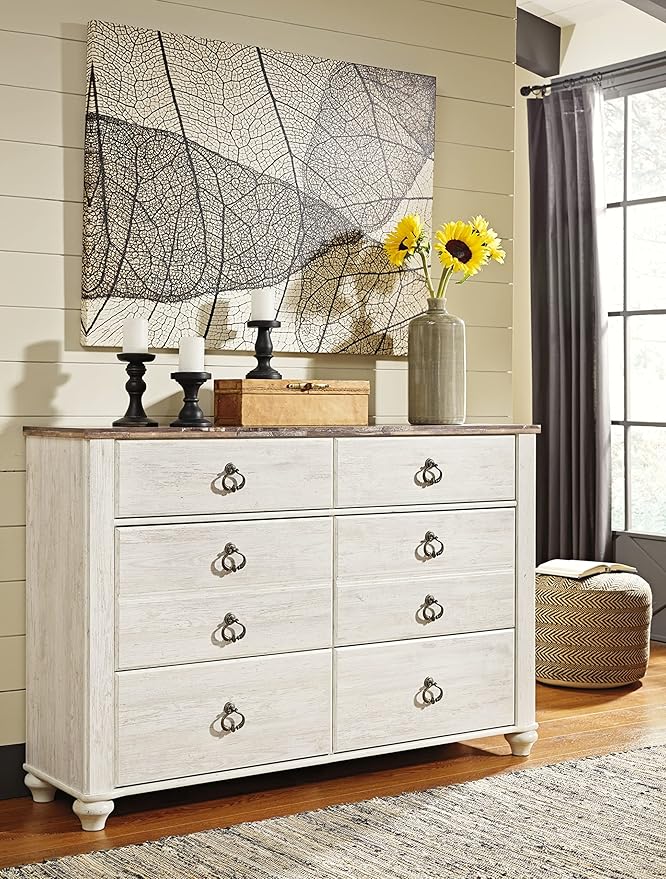 Signature Design by Ashley Willowton Coastal Cottage 6 Drawer Dresser with Faux Plank Top, Whitewash