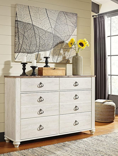 Signature Design by Ashley Willowton Coastal Cottage 6 Drawer Dresser with Faux Plank Top, Whitewash