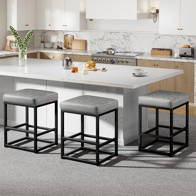 Counter Height Bar Stools Set of 3, 24" Barstools for Kitchen Countertop, Faux Leather Counter Stools with Thick Square Seats & Sturdy Metal Base, Simple Assembly, Brown