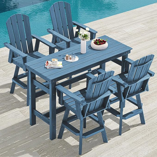 SERWALL 5-Piece Swivel Adirondack Bar Set, HDPE Swivel Bar Height Chairs Set of 4 with Bar Table, All-Weather Outdoor Barstools for Patio, Poolside, Garden, Blue