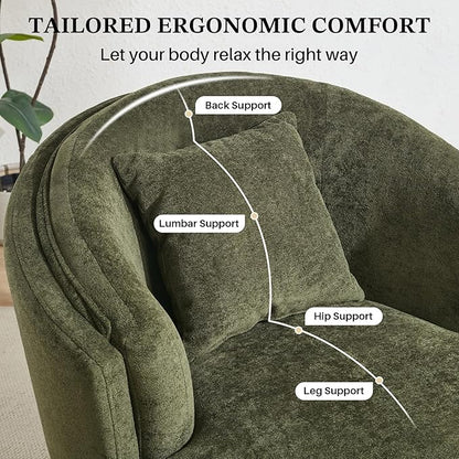 Swivel Accent Chair, 360 Degree Round Swivel Barrel Chair with Pillow, Widened Upholstered Comfy Barrel Armchair for Living Room Bedroom Reading Room, Green
