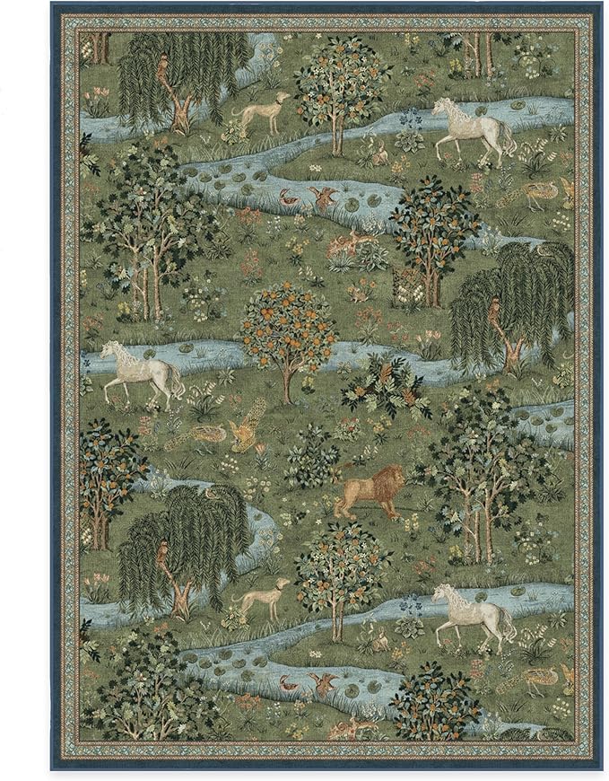 RUGGABLE x Morris & Co Washable Area Rug – Owl & Willow Green 5x7, Stain-Resistant, Non-Slip – Medium Machine Washable Rugs for Living Room, Bedroom, Hallway, Entryway & Office–with Cushioned Pad
