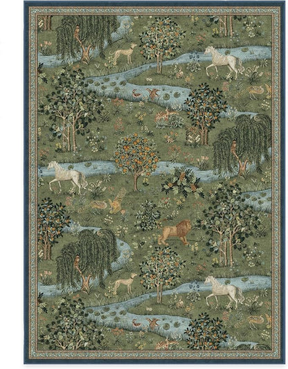 RUGGABLE x Morris & Co Washable Area Rug – Owl & Willow Green 5x7, Stain-Resistant, Non-Slip – Medium Machine Washable Rugs for Living Room, Bedroom, Hallway, Entryway & Office–with Cushioned Pad