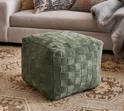 Luxury Handcrafted Suede Basketweave Pouf Ottoman – Soft & Durable Floor Cushion, Footrest, and Accent Seating for Living Room, Bedroom, & Office – Stylish Modern Home Décor (Hunter, 18" x 18" x 14")