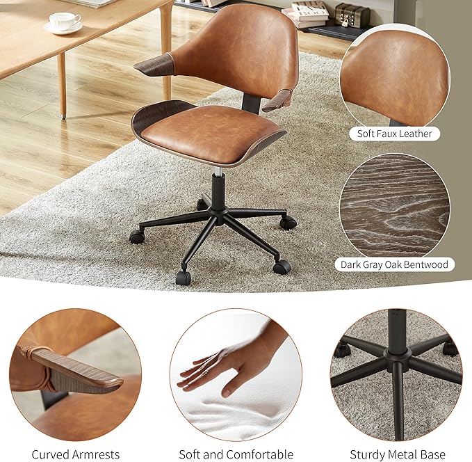 Art Leon Mid Century Desk Chair - Faux Leather Upholstered Swivel Desk Chair, Office Chair with Wheels, Adjustable Height Task Chair with Metal Base, Dark Gray Oak Bentwood, Brown