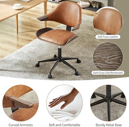 Art Leon Mid Century Desk Chair - Faux Leather Upholstered Swivel Desk Chair, Office Chair with Wheels, Adjustable Height Task Chair with Metal Base, Dark Gray Oak Bentwood, Brown