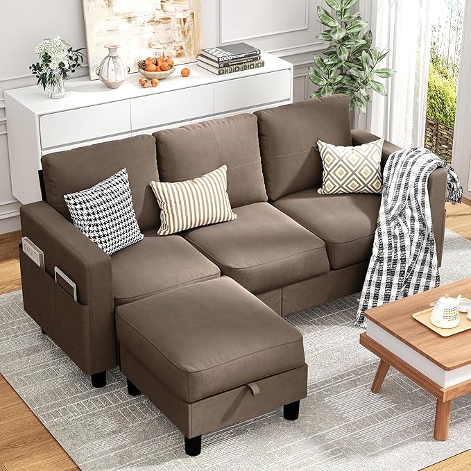 JY QAQA Convertible Sectional Sofa Couch with 3-Seat Sofa, L-Shaped Ottoman Couch with Modern Linen Fabric for Small Living Room, Apartment and Small Space(Brown)