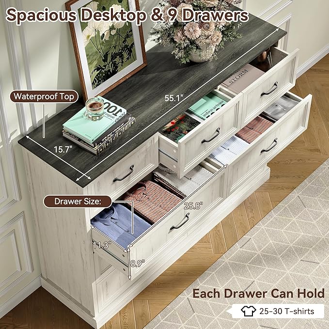 Farmhouse Dresser and Nightstand Sets, 4Pcs Bedroom Furniture Set, Nightstand Set of 2 & 55" Wide 9 Drawer and 44" Tall 5 Drawer Dresser with Large Drawers & Bar Handles, White