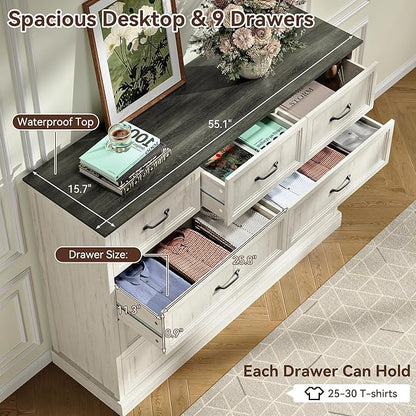 Farmhouse Dresser and Nightstand Sets, 4Pcs Bedroom Furniture Set, Nightstand Set of 2 & 55" Wide 9 Drawer and 44" Tall 5 Drawer Dresser with Large Drawers & Bar Handles, White