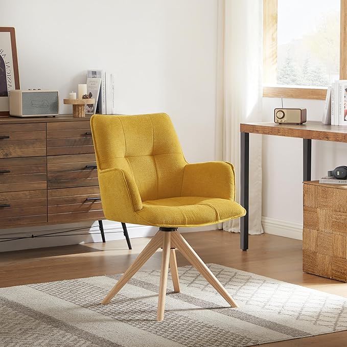 Art Leon Mid Century Modern Swivel Accent Chair - Home Office Desk Chair No Wheels, Fabric Upholstered Armchair with Oak Wood Legs for Small Space Living Room Bedroom, Yellow